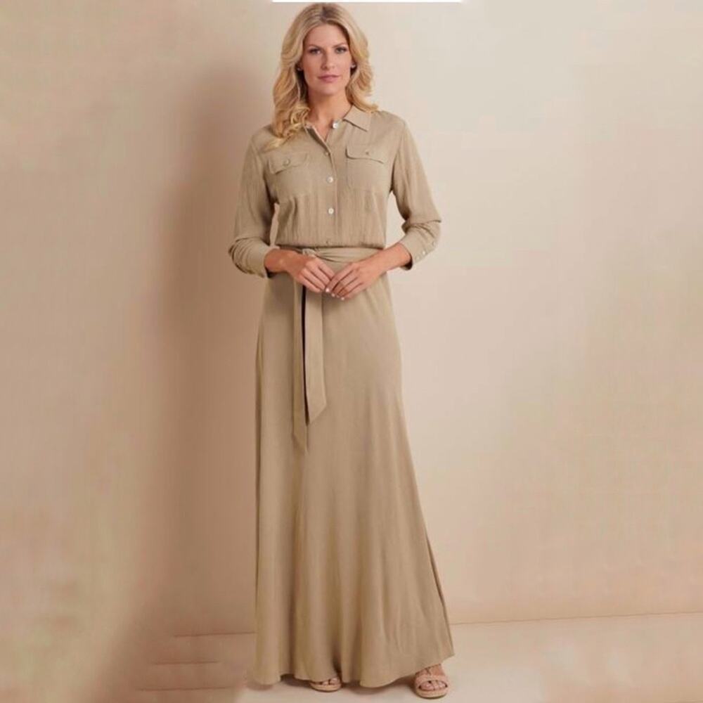 Soft Surroundings Savanna Maxi Shirt dress with tie waist Tan sz XS